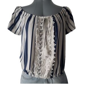 Striped Off-Shoulder Top - Blue and White size XL
